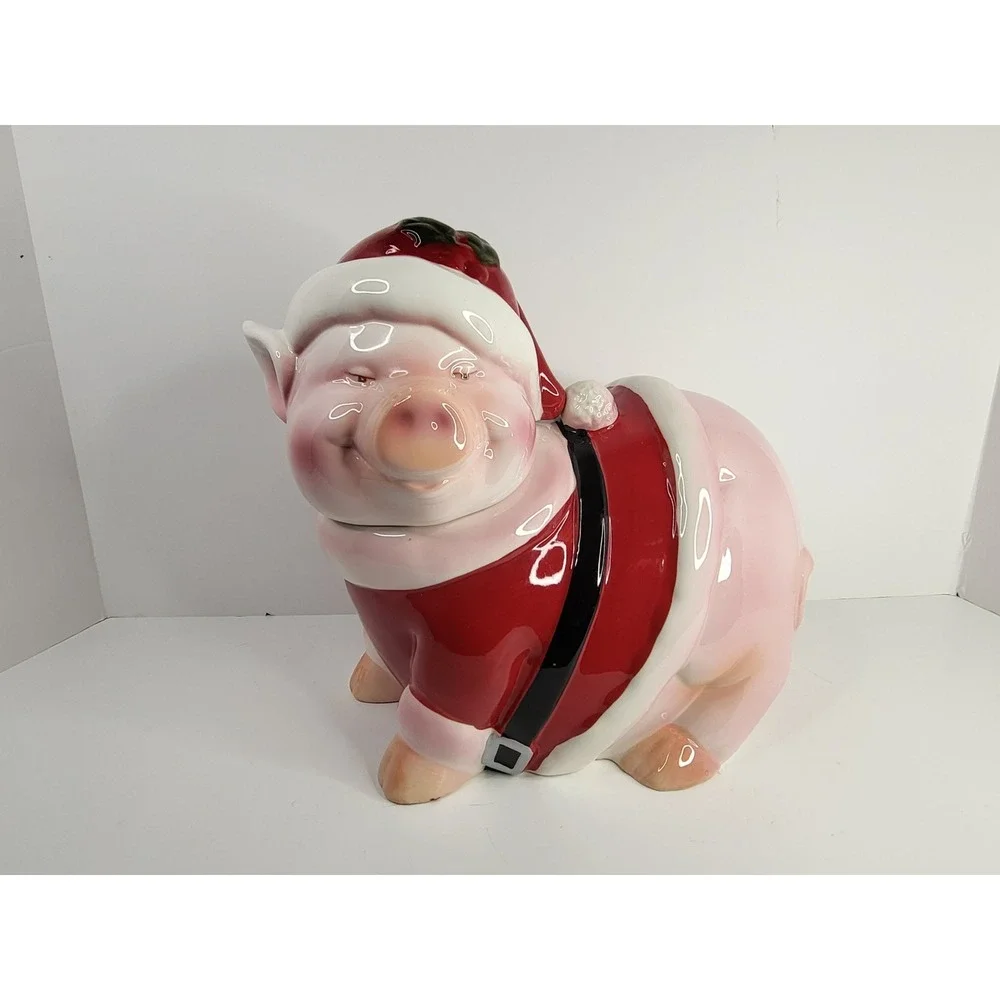 Vintage Santa Pig Ceramic Cookie Jar Christmas Holiday Decor Pink Red 10 Inch